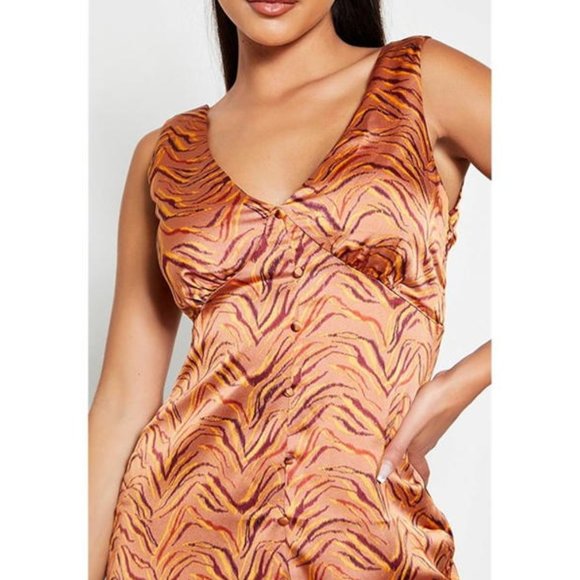 Brave Soul London Satin Tan Rust Orange Abstract Print Plunge Dress - Picture 2 of 6